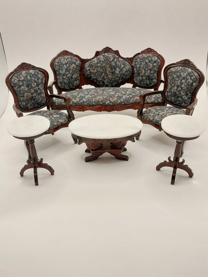 Living Room Set, 6pc, Blue Floral, Mahogany