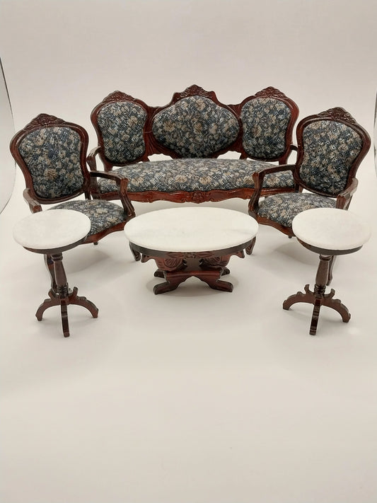 Living Room Set, 6pc, Blue Floral, Mahogany