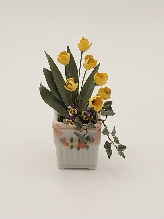 Floral Arrangement In Floral Pot, Tulip & Forget Me Nots