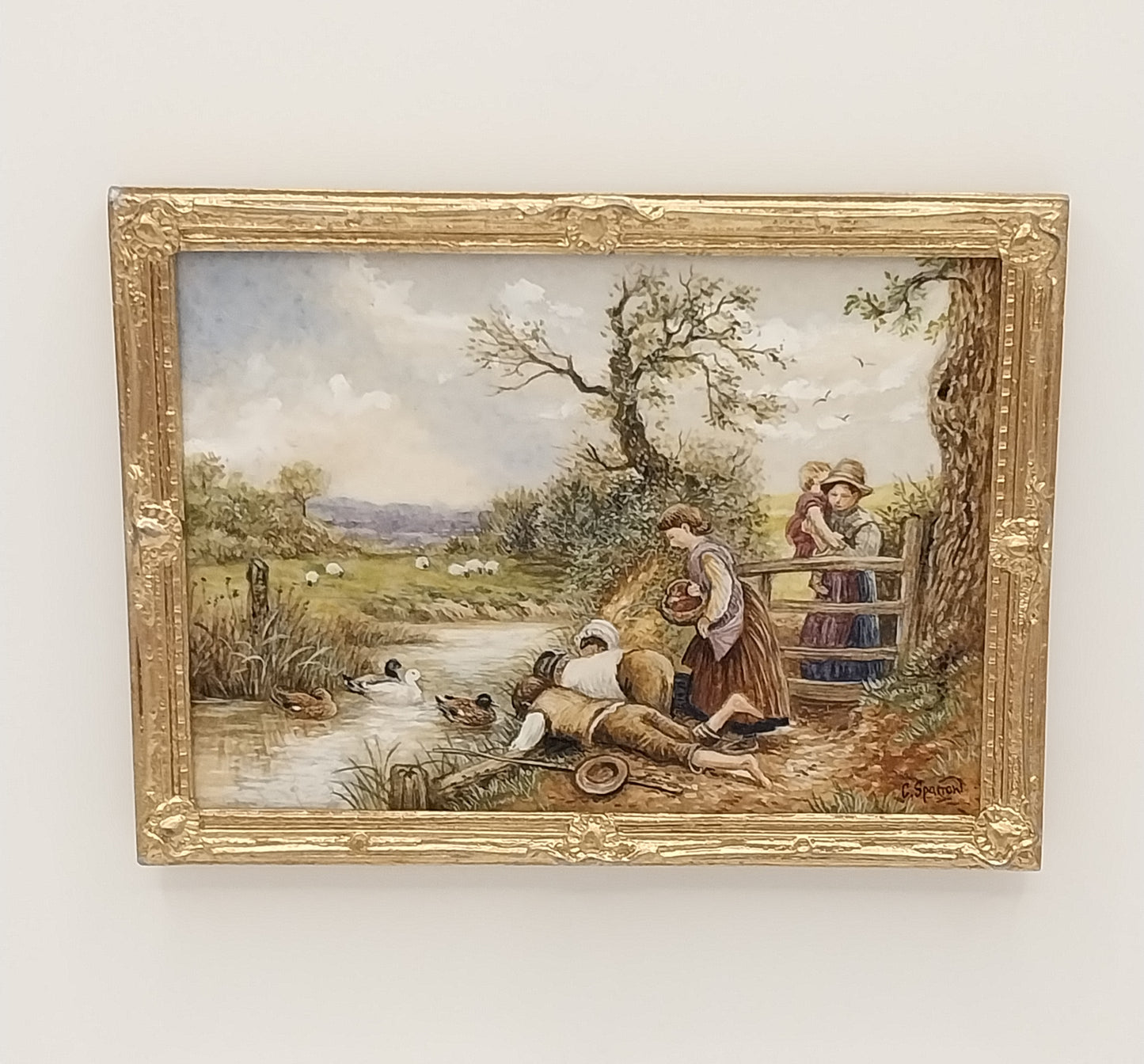 Gold Framed Oil Painting, Children At Stream