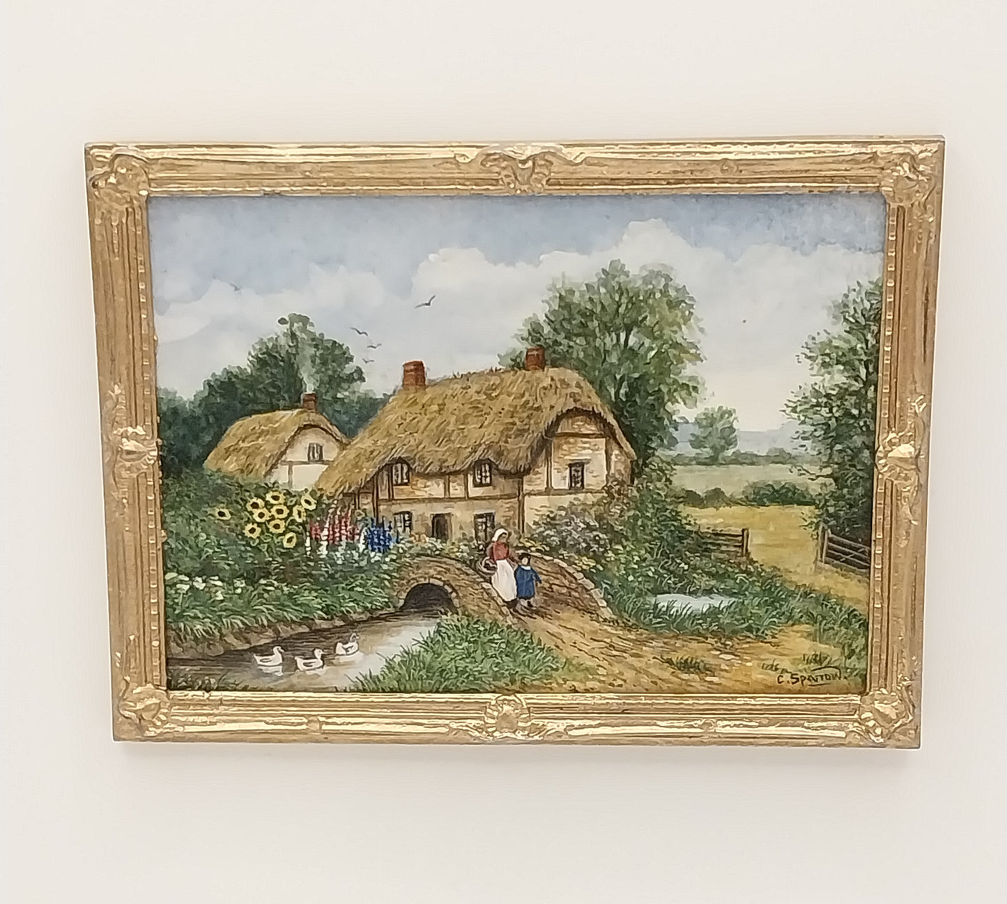 Gold Framed Oil Painting, Thatch Cottage With Bridge