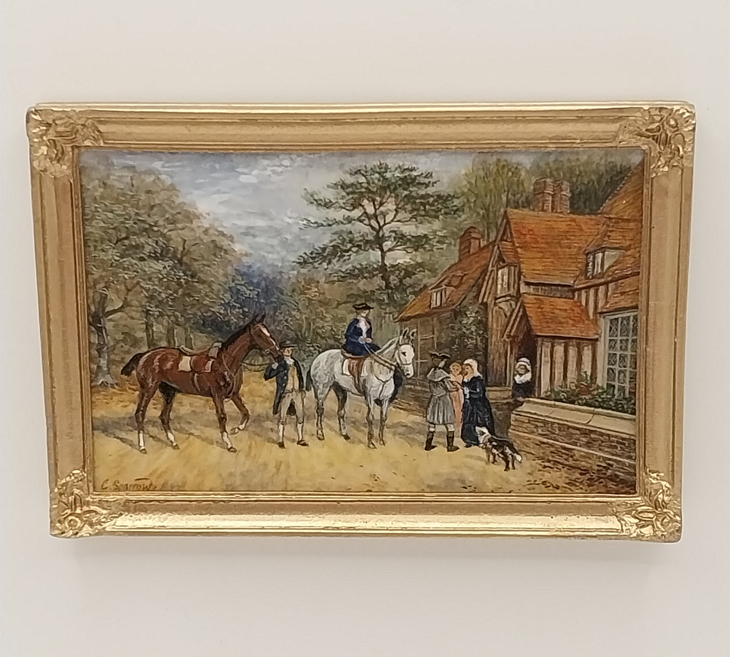 Gold Framed Oil Painting, Horseriders Outside Inn