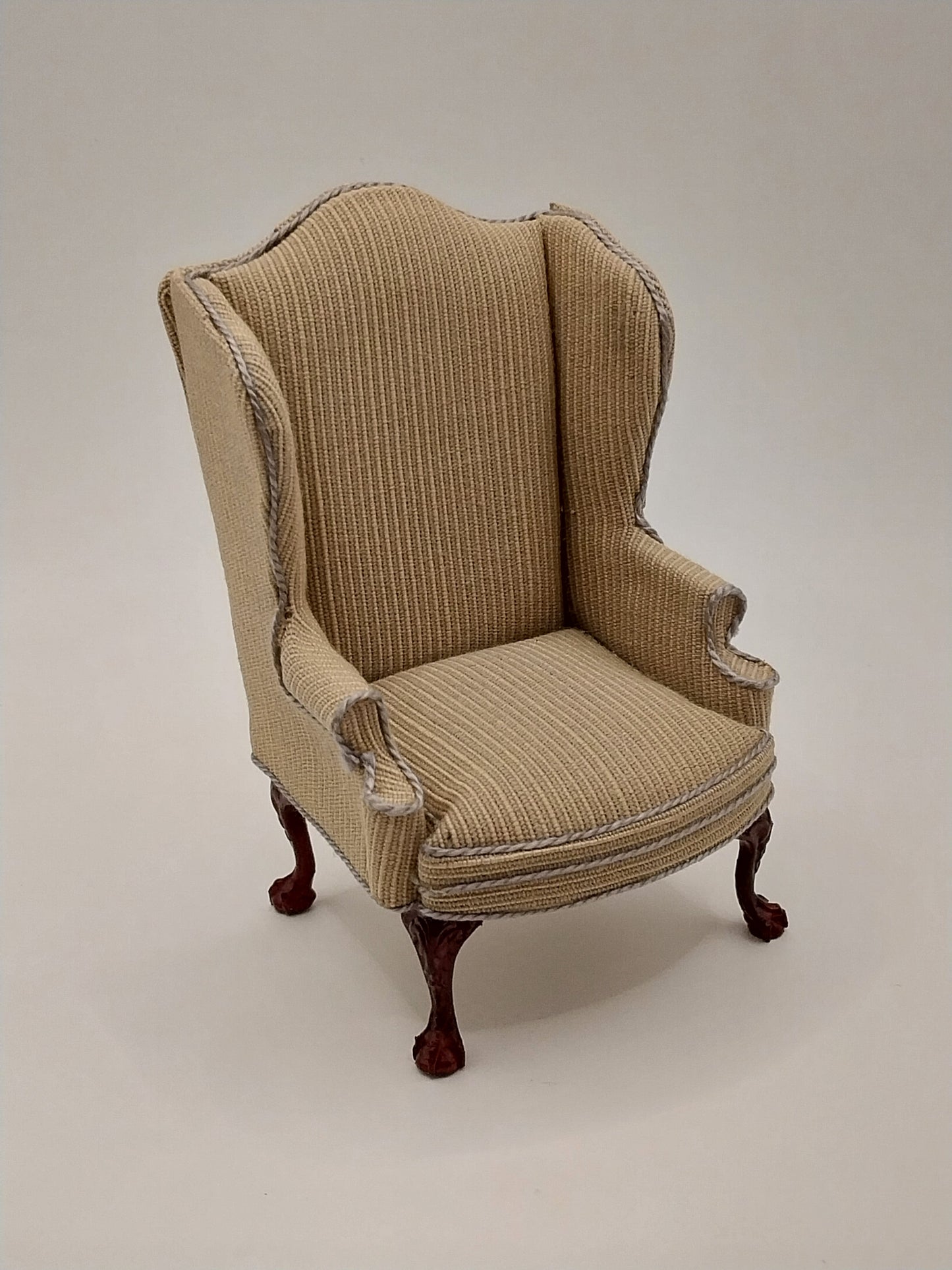 Wing Chair, Tan, Blue, Mahogany