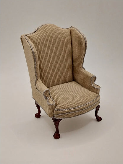 Wing Chair, Tan, Blue, Mahogany