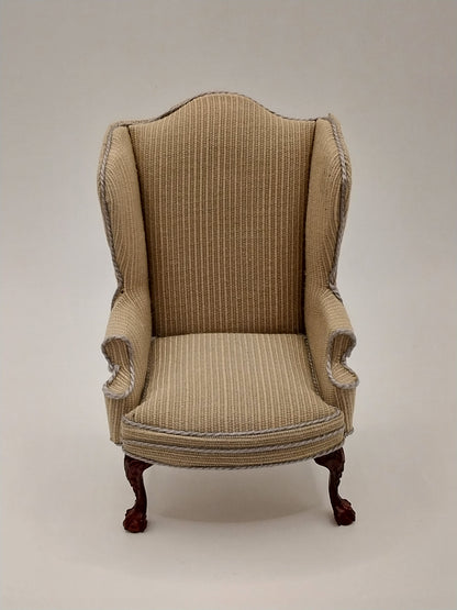 Wing Chair, Tan, Blue, Mahogany
