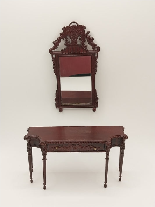 CJB007, Console with Basket Motif Mirror, Mahogany