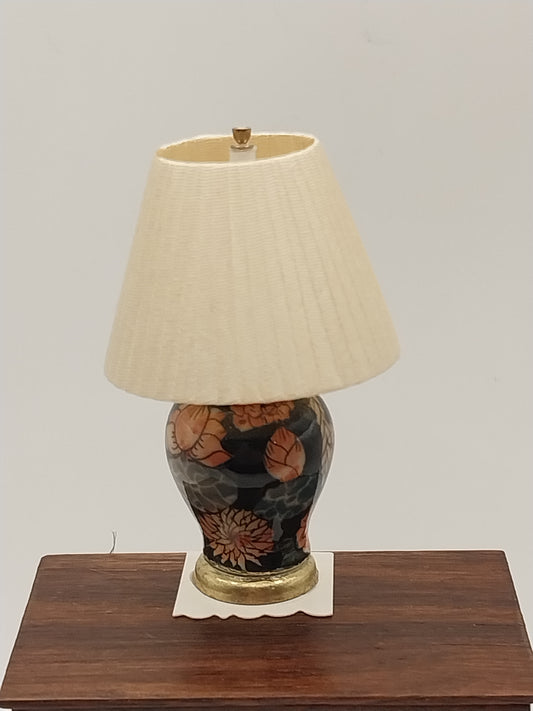Porcelain Black Floral Lamp with Ecru Shade