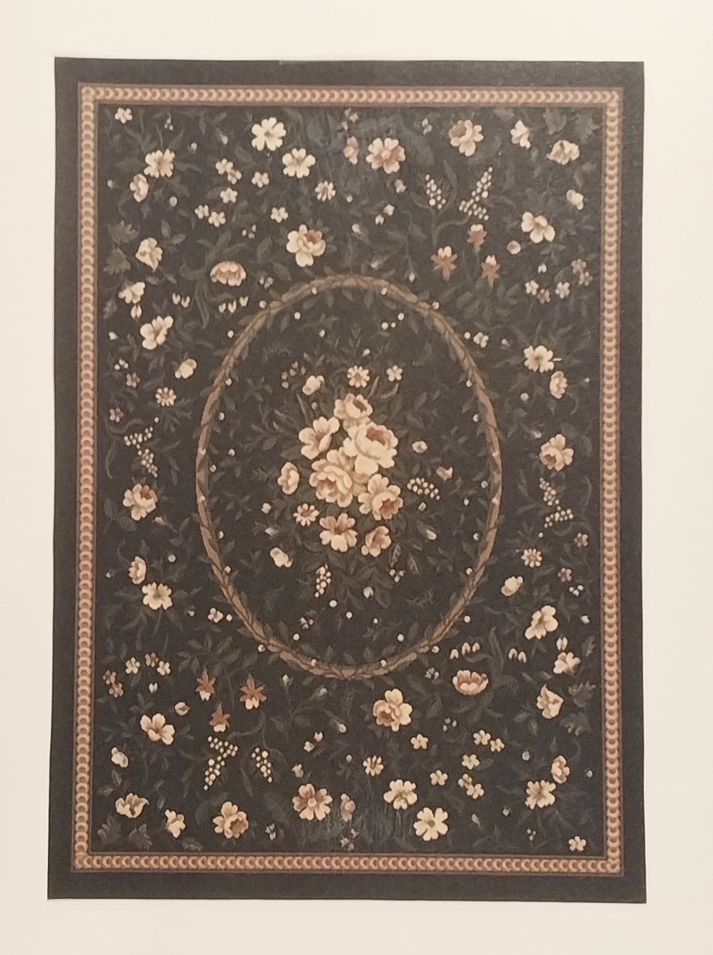 Rug #463, Rectangle Floral, Black & Cream