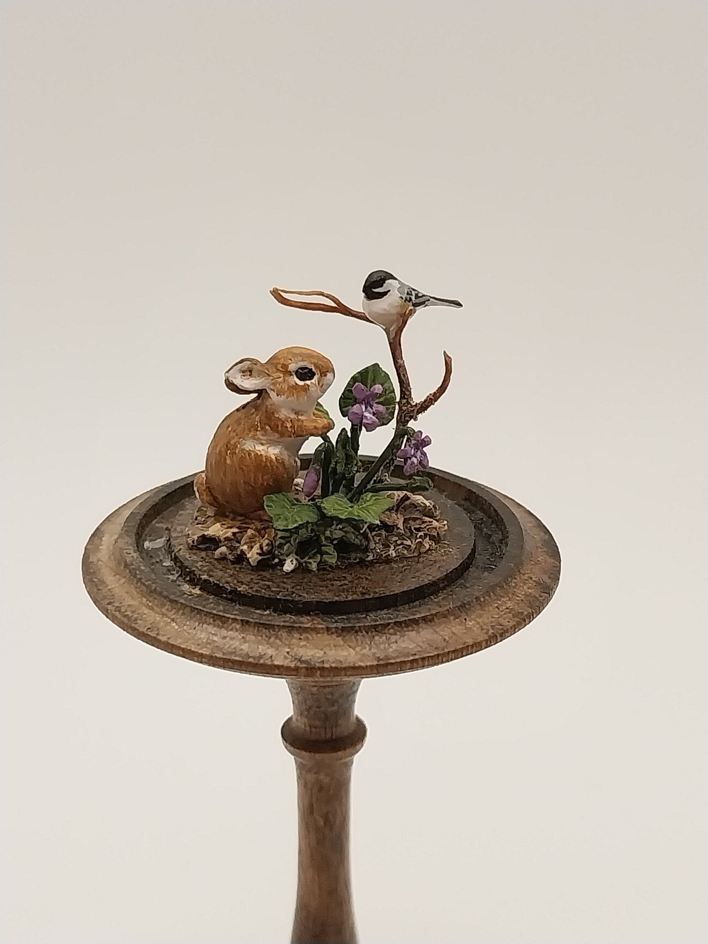 Bunny & Titmouse with Florals in Domed Stand
