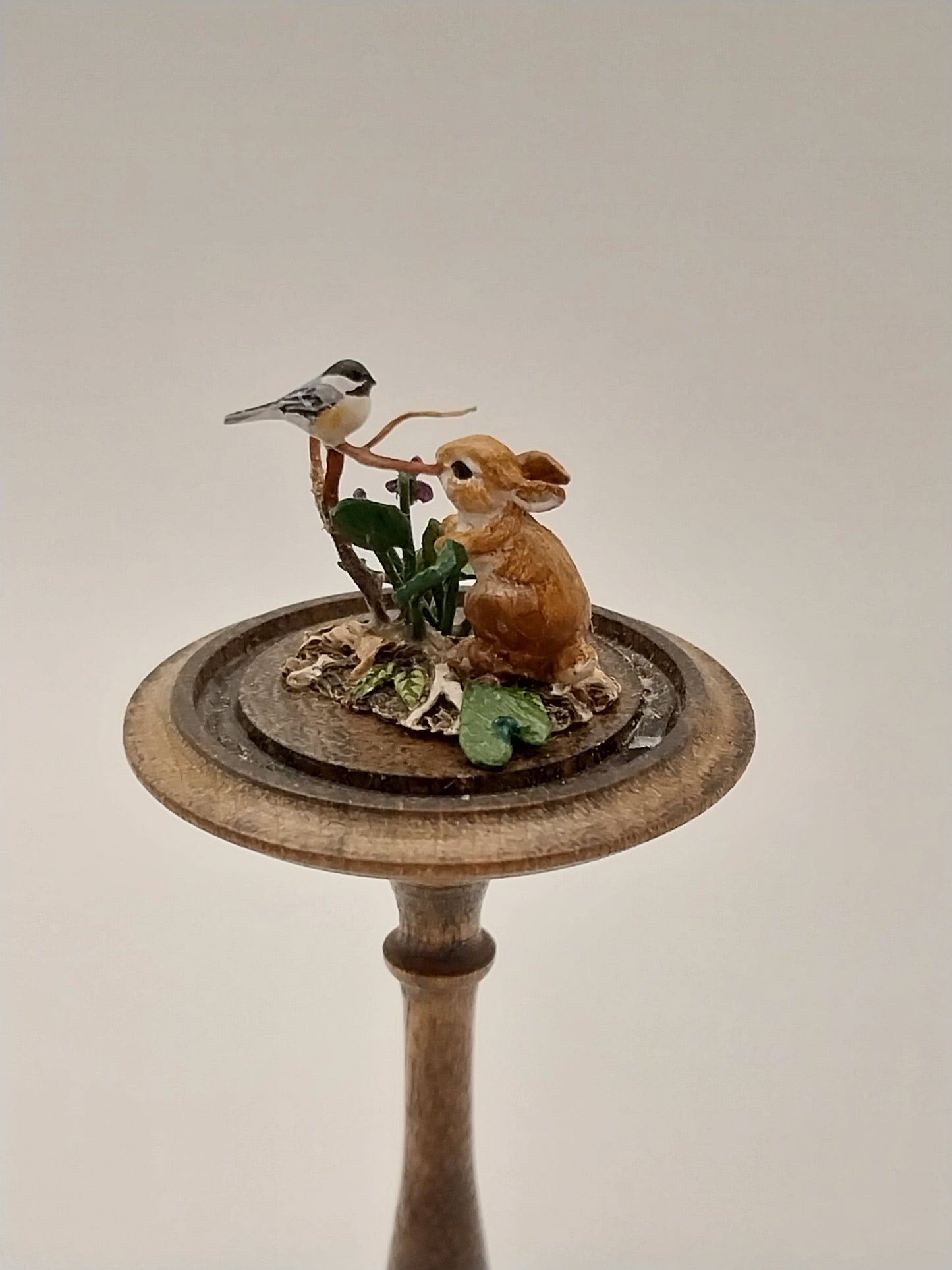 Bunny & Titmouse with Florals in Domed Stand