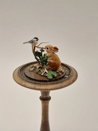 Bunny & Titmouse with Florals in Domed Stand