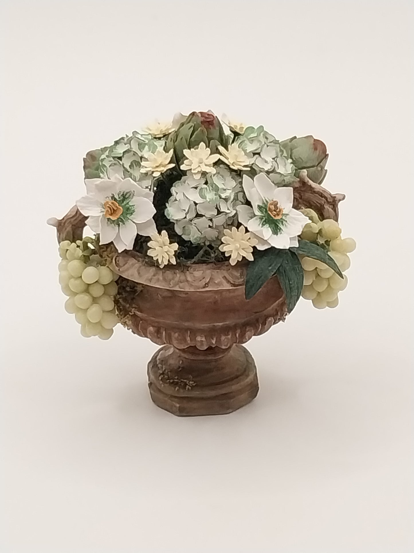 Flower Arrangement In Urn, Poinsettia, Hydrangea, & Artichokes