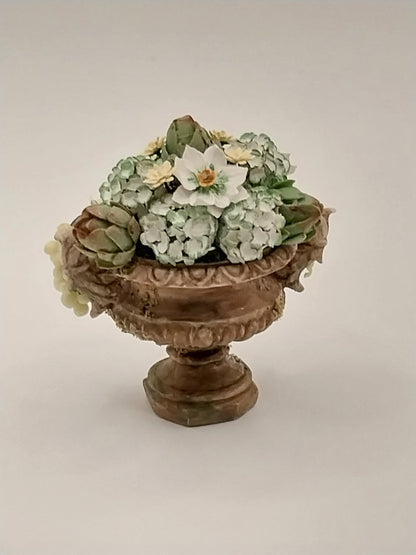 Flower Arrangement In Urn, Poinsettia, Hydrangea, & Artichokes