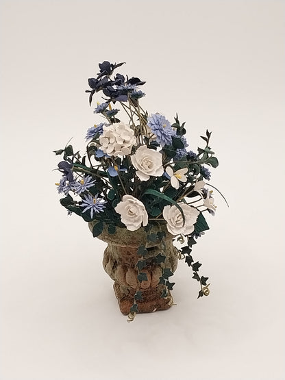 Flower Arrangement In Aged Urn, White Rose & Purple Iris