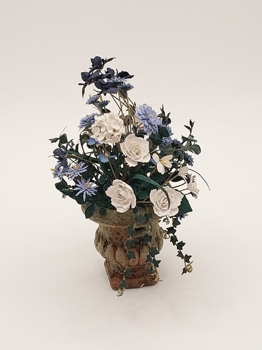 Flower Arrangement In Aged Urn, White Rose & Purple Iris