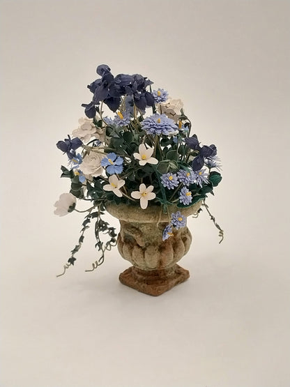 Flower Arrangement In Aged Urn, White Rose & Purple Iris