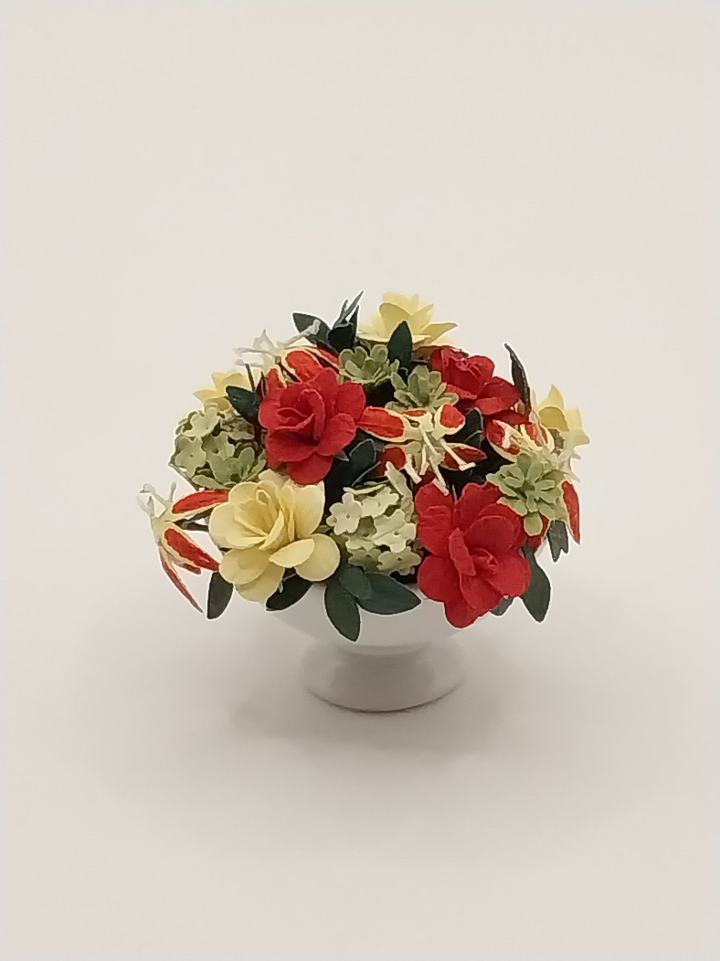 Flower Arrangement In White Bowl, Red & Yellow Roses