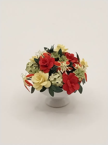 Flower Arrangement In White Bowl, Red & Yellow Roses