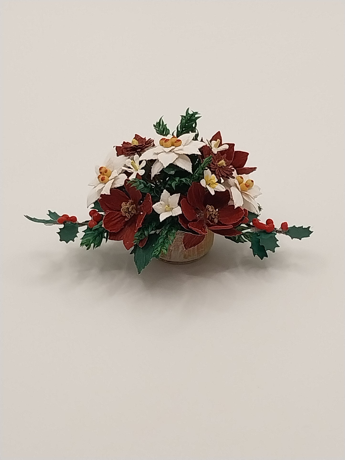 Flower Arrangement In Aged Pot, Red & White Poinsettia