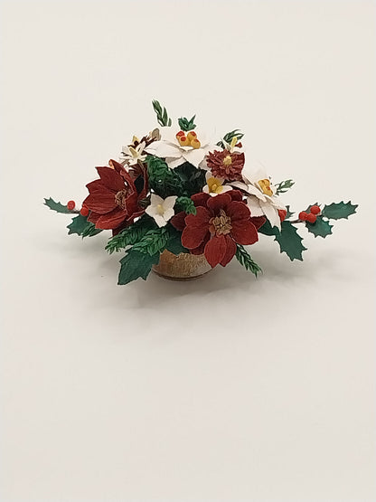 Flower Arrangement In Aged Pot, Red & White Poinsettia