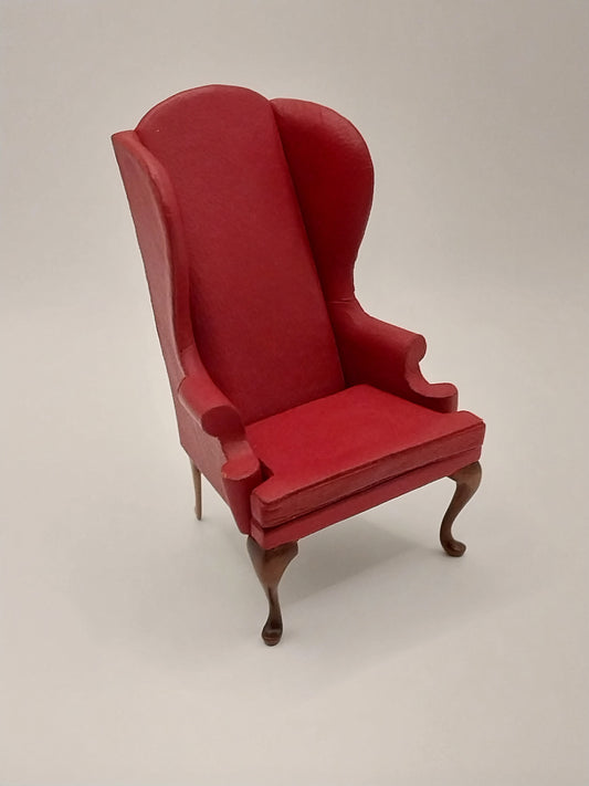 Queen Anne Wing Back Chair, Red Leather, RARE