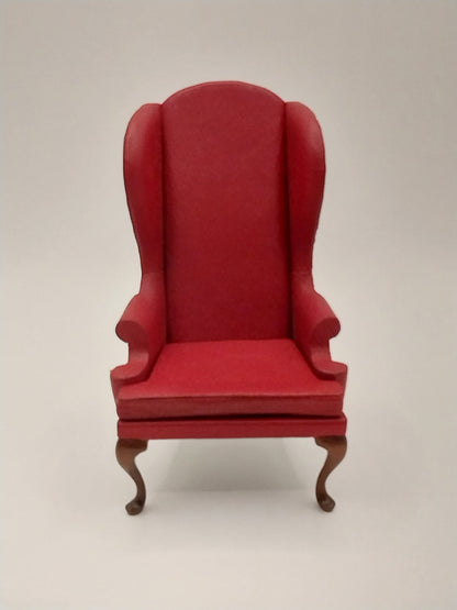 Queen Anne Wing Back Chair, Red Leather, RARE