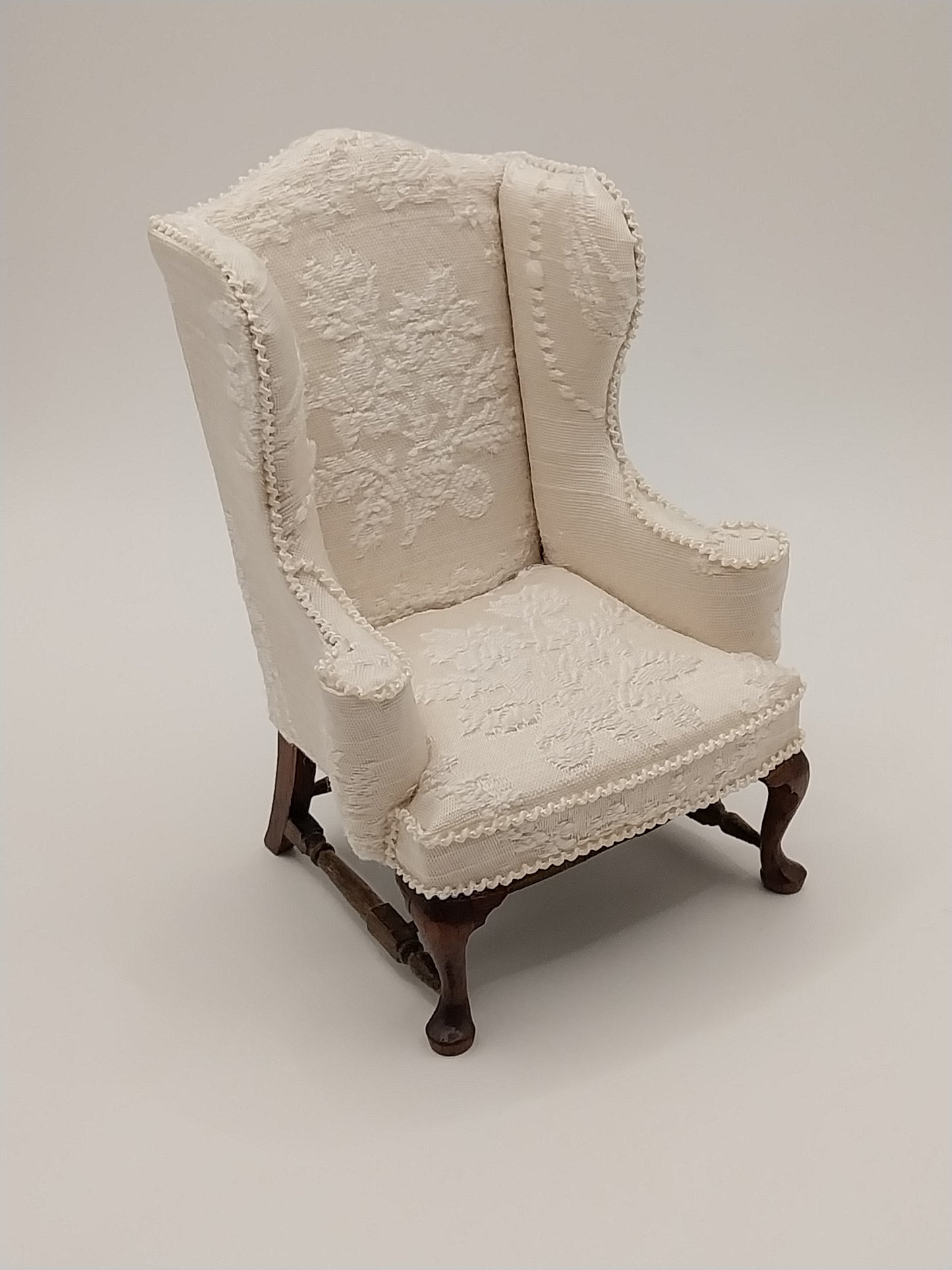 Wing Chair, Cream Brocade, Signed