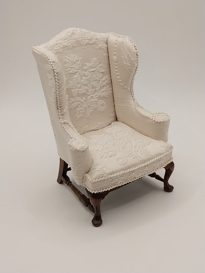 Wing Chair, Cream Brocade, Signed