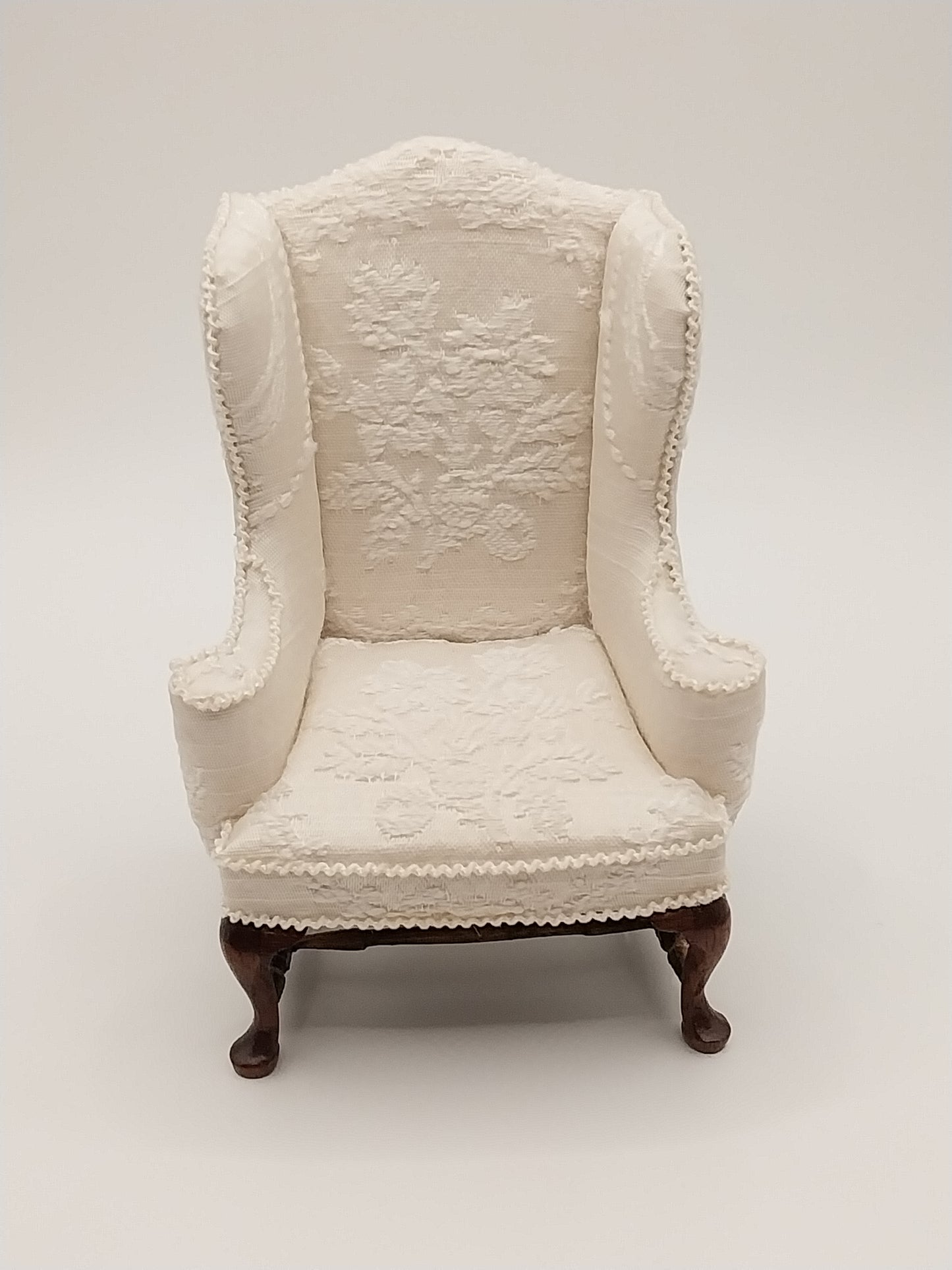 Wing Chair, Cream Brocade, Signed