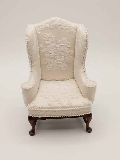 Wing Chair, Cream Brocade, Signed