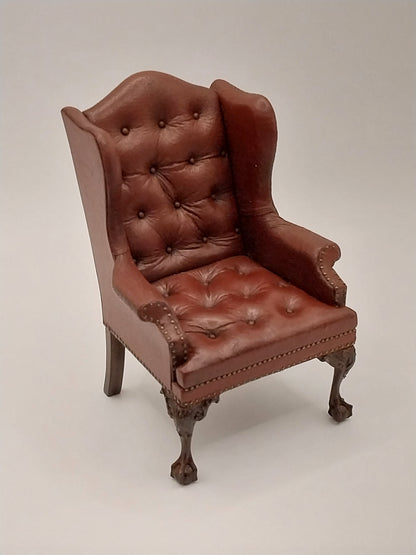 Chippendale Wing Chair, Burgundy Tufted Leather
