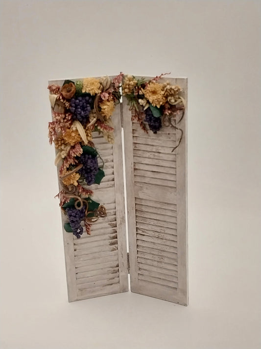White Shabby Chic Shutter Screen With Florals & Grape Vine