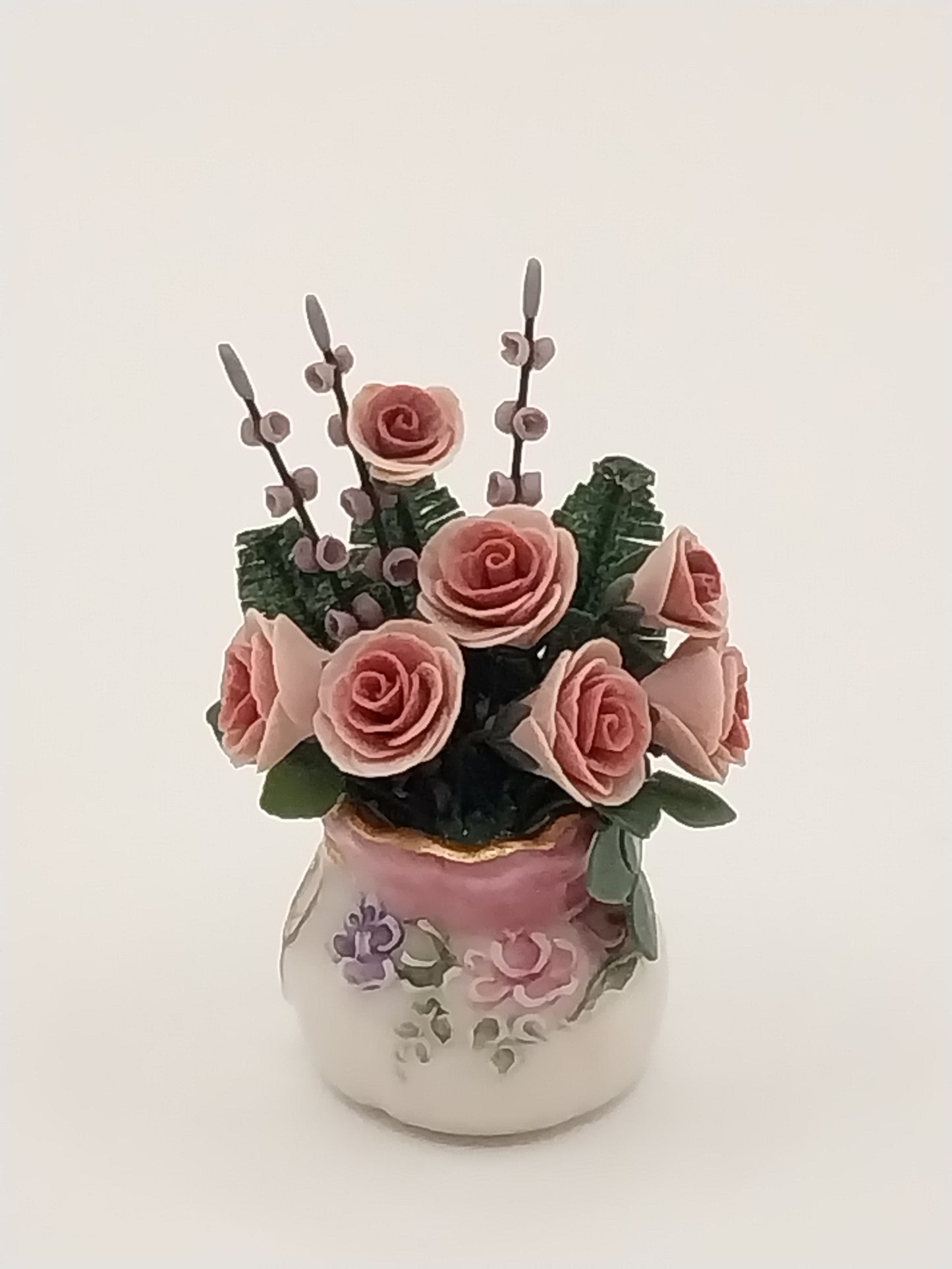 Pink Roses In Porcelain Vase, Handpainted