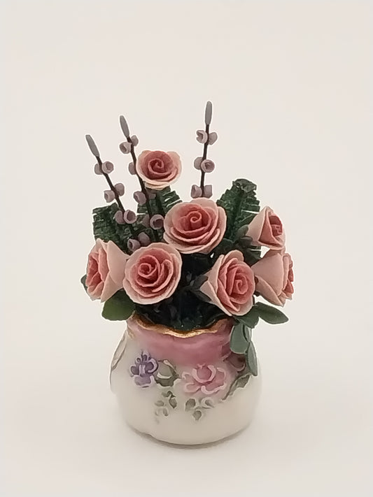 Pink Roses In Porcelain Vase, Handpainted