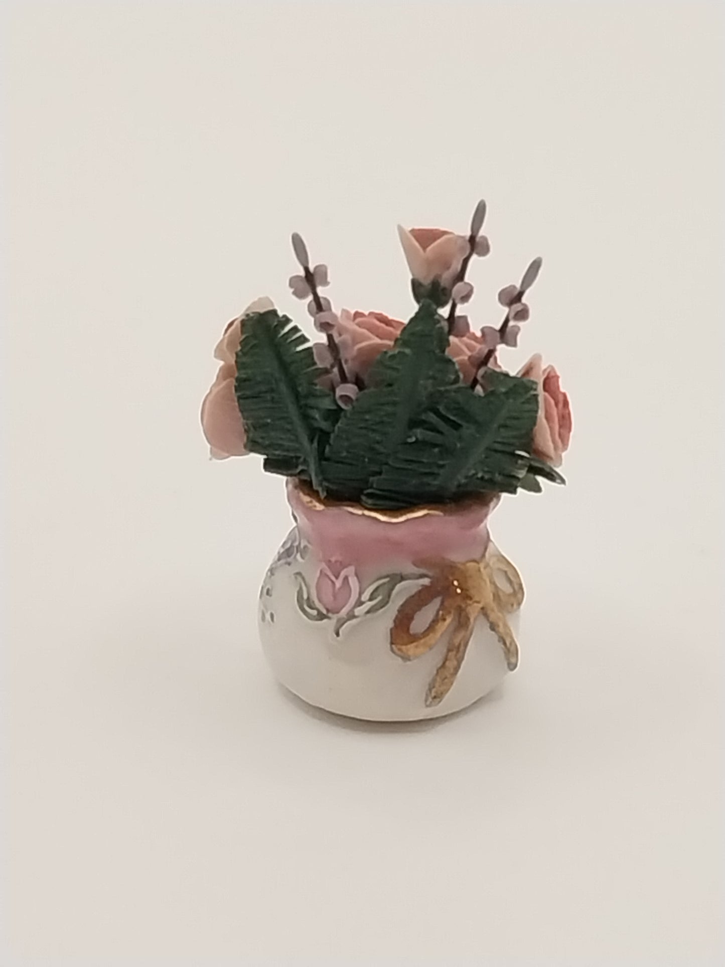 Pink Roses In Porcelain Vase, Handpainted