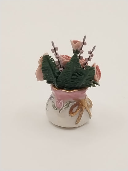 Pink Roses In Porcelain Vase, Handpainted