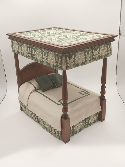 Burled Canopy Bed Dressed, Green Damask