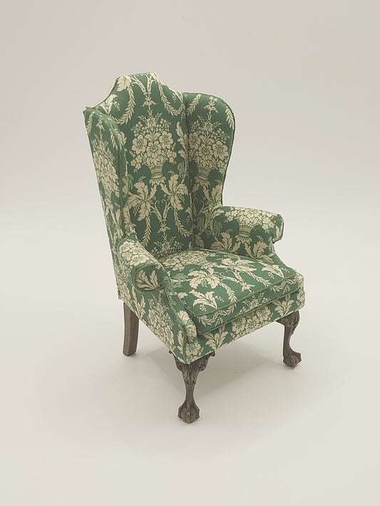 Chippendale Wing Chair, Green Damask