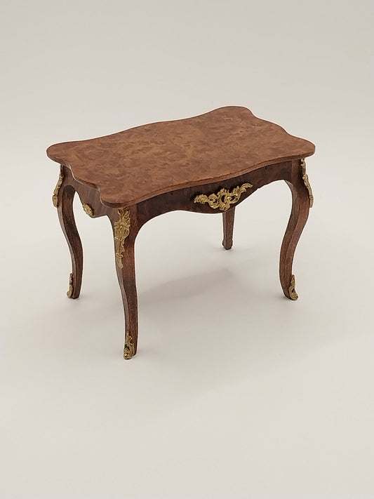 French Sofa Table, Burl Wood With Gold Accents