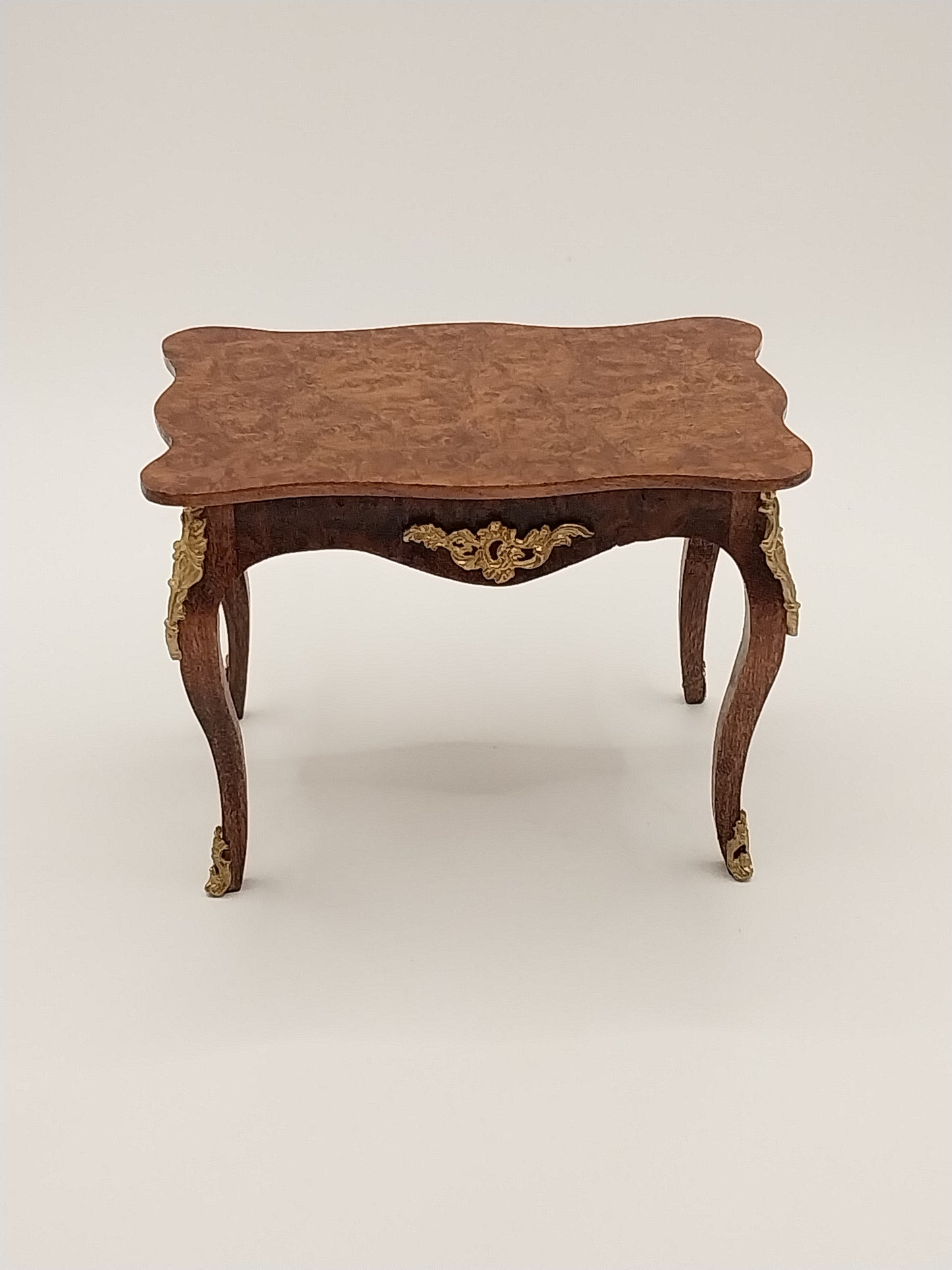 French Sofa Table, Burl Wood With Gold Accents