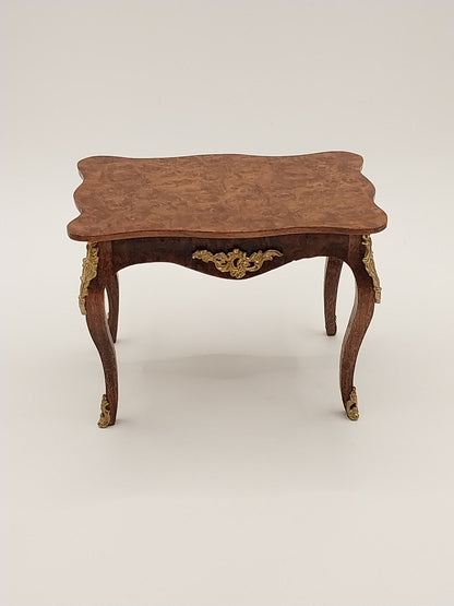 French Sofa Table, Burl Wood With Gold Accents