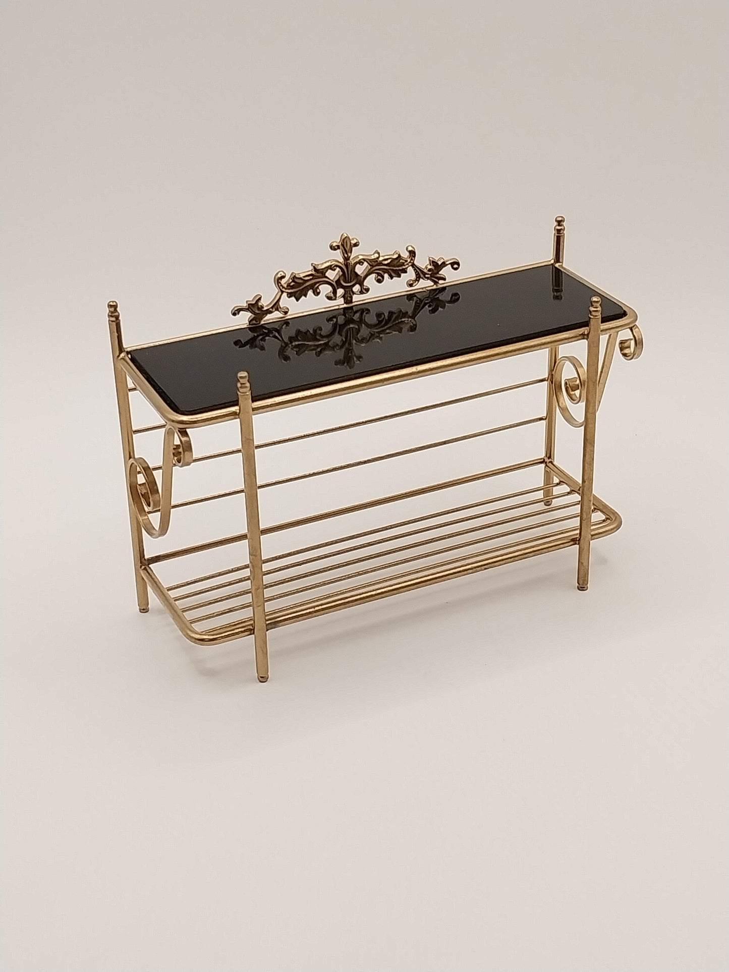 French Bakers Console Table, Brass With Black Marble