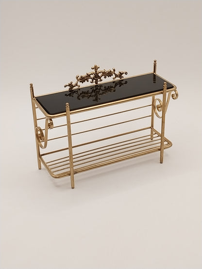 French Bakers Console Table, Brass With Black Marble