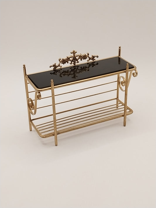 French Bakers Console Table, Brass With Black Marble