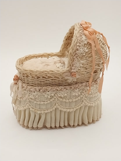 Vintage Victorian Wicker Bassinet, Peach