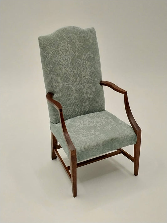Lolling Arm Chair, Cherry, Smoke Teal Damask