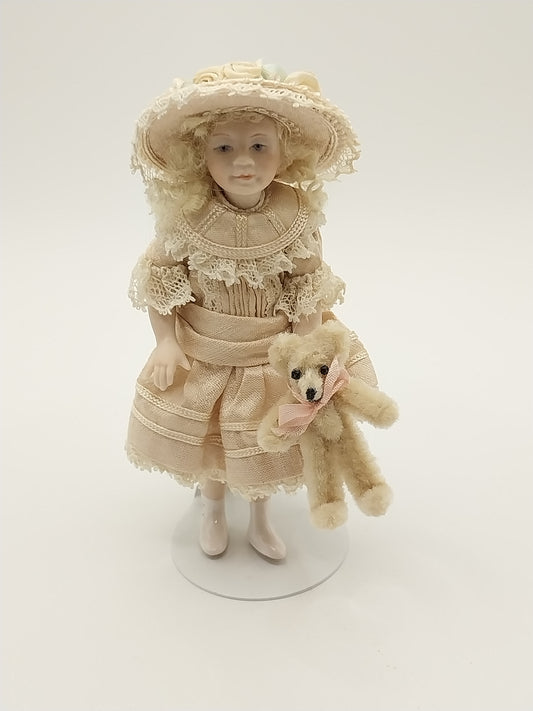 Victorian Girl Doll With Bear, Soft Pink