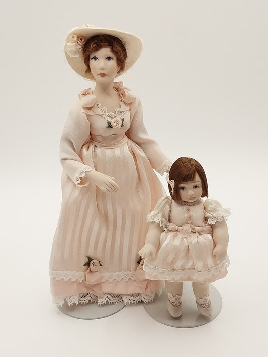 Victorian Mother & Daughter Doll, Pink Silk Stripe