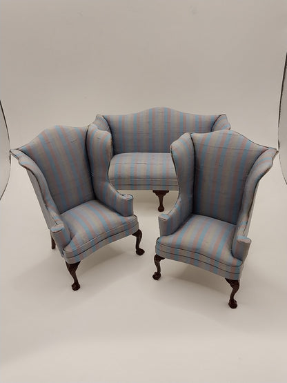 Sofa & 2 Wing Chairs, Multi Blue Stripe