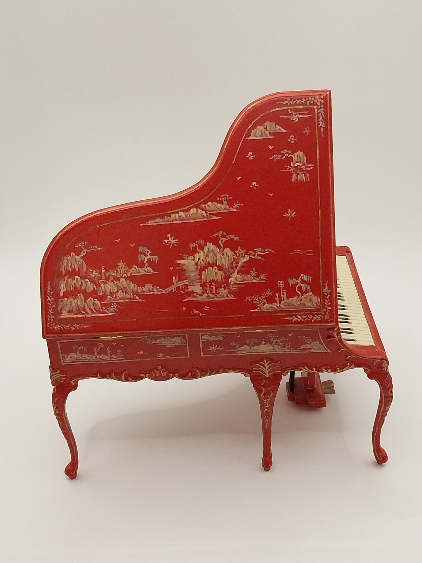 Grand Piano & Stool, Red Chinoiserie, Handpainted